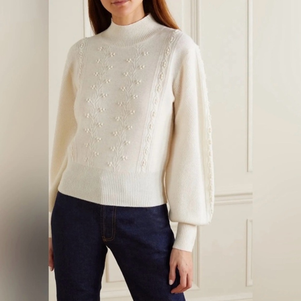 Reformation Sinclair Embroidered Wool Sweater Cream PomPoms Size XS